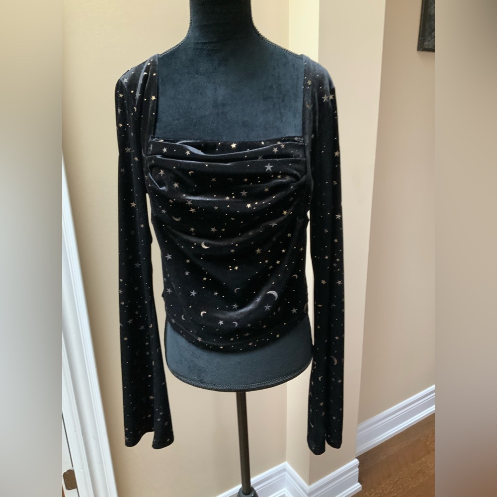 Cider Black Velvet Long-Sleeve Top with Gold Star & Moon Print